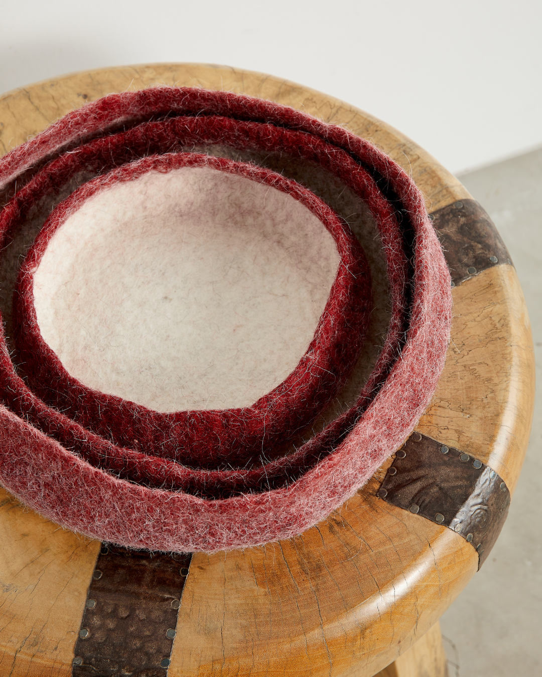 African Modern Wool Boho Bowls: Berry Red Hand Felted Nesting Bowls