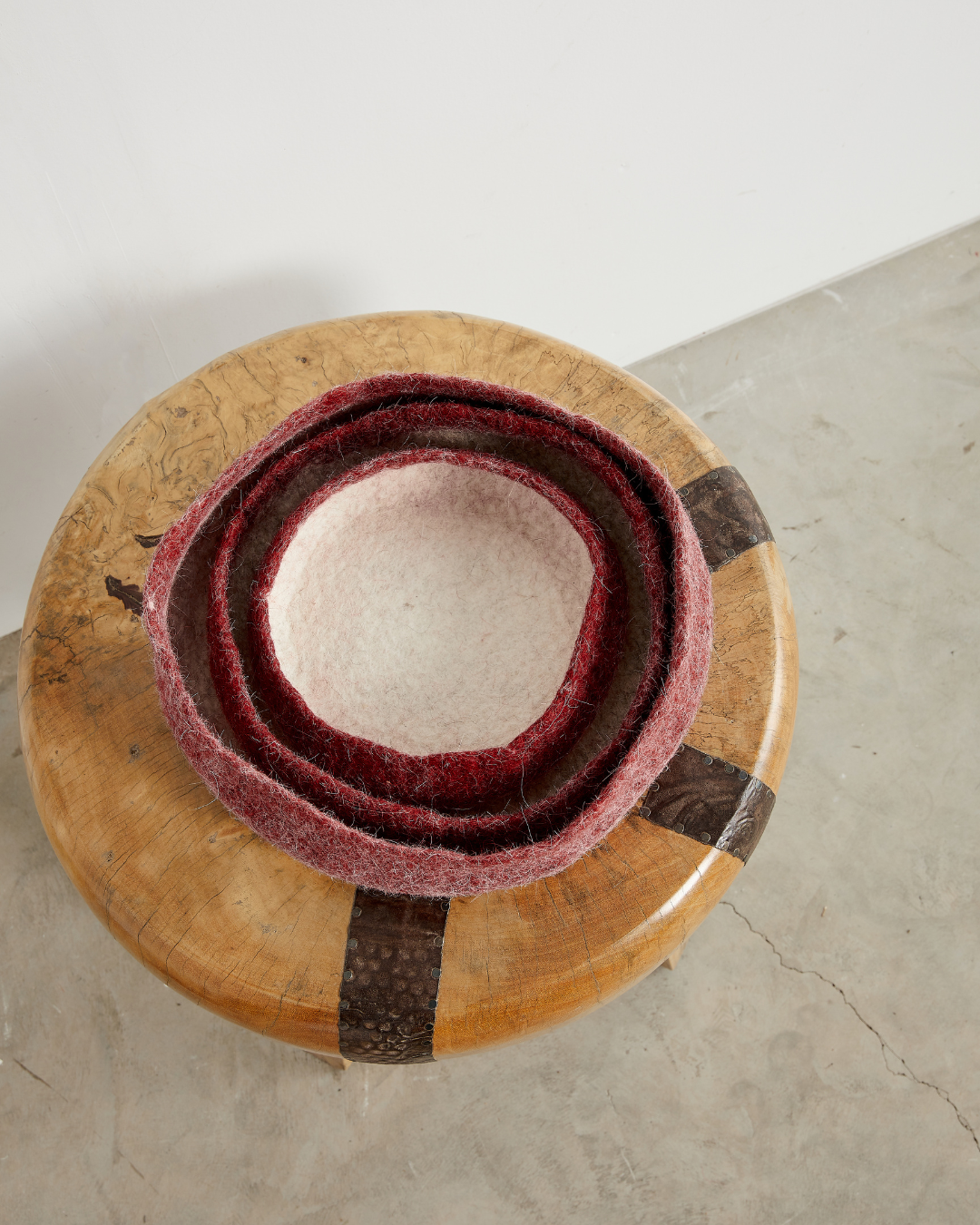 African Modern Wool Boho Bowls: Berry Red Hand Felted Nesting Bowls