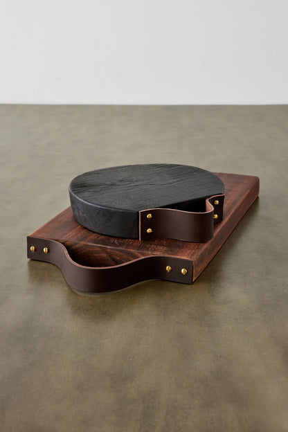 Round Blackened Wood Cutting Board w/ Leather Strap