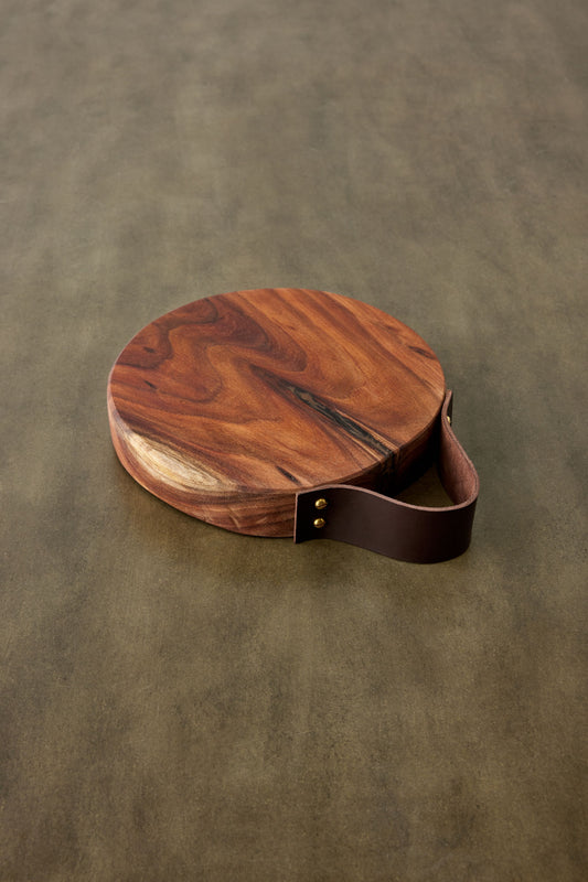 Round Wooden Cutting Board w/ Leather Strap