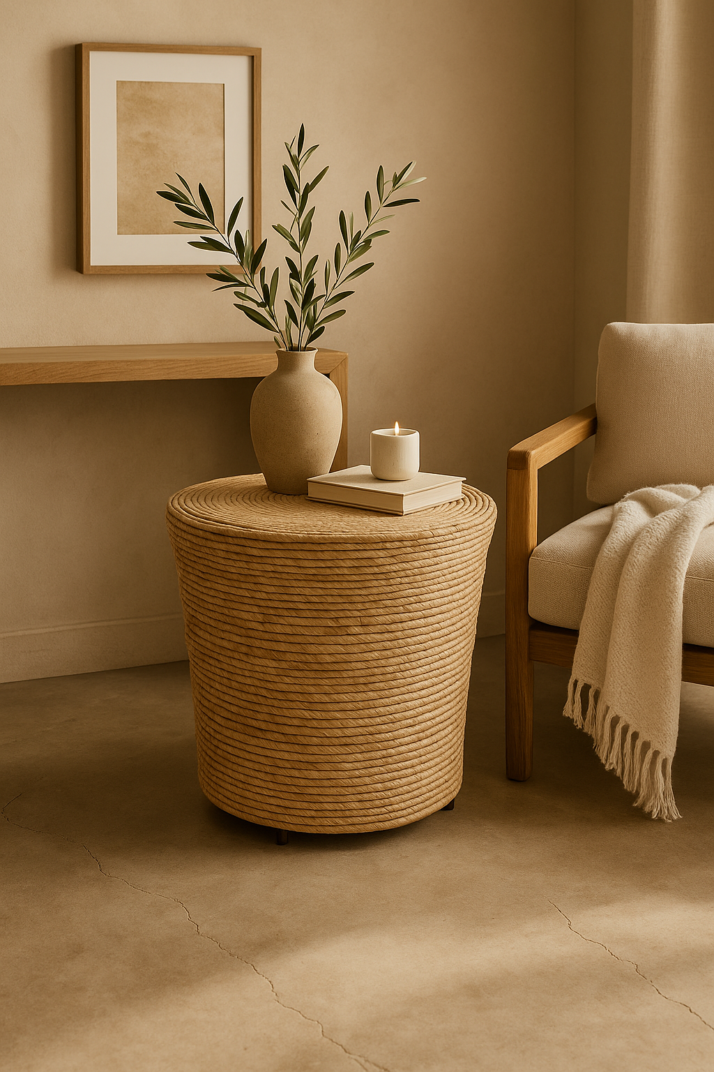 Woven side table with a plant, candle, and book in a cozy room.