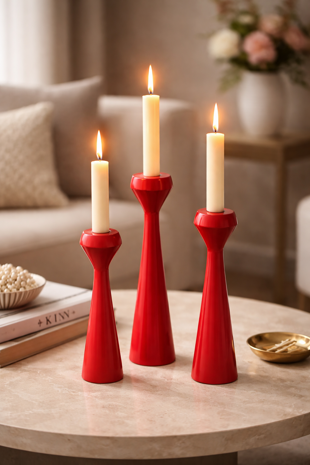Three lit candles in red candle holders on a wooden table with a blurred background