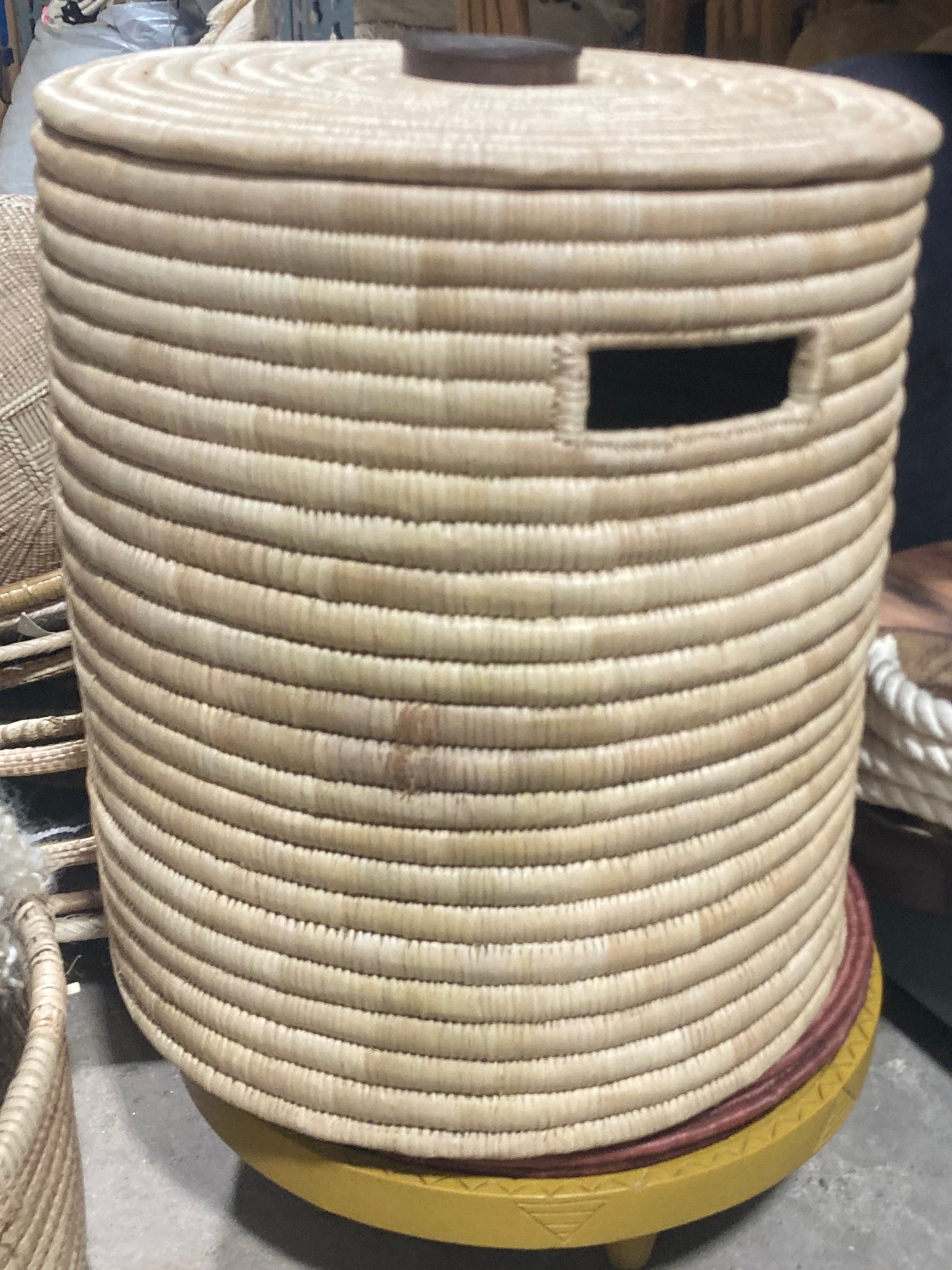 Sunga Lidded Woven Natural Small Storage Basket | Discoloration on Side