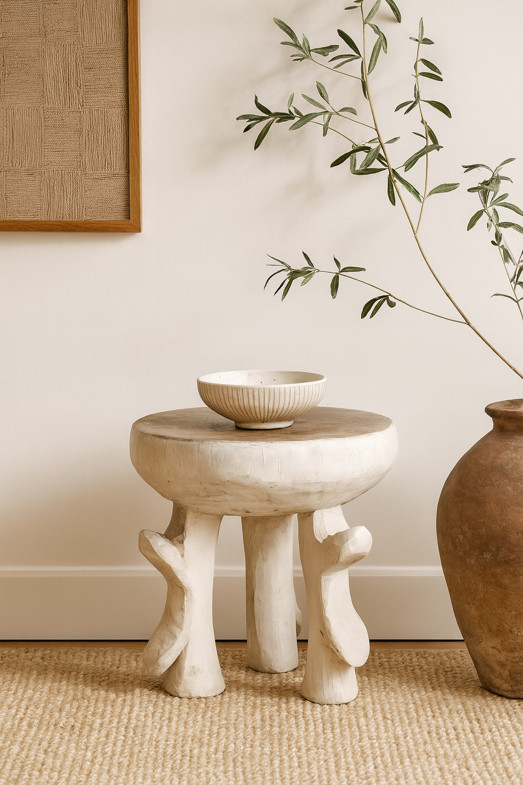 Small round table with a bowl on top, next to a vase and plant against a neutral wall.