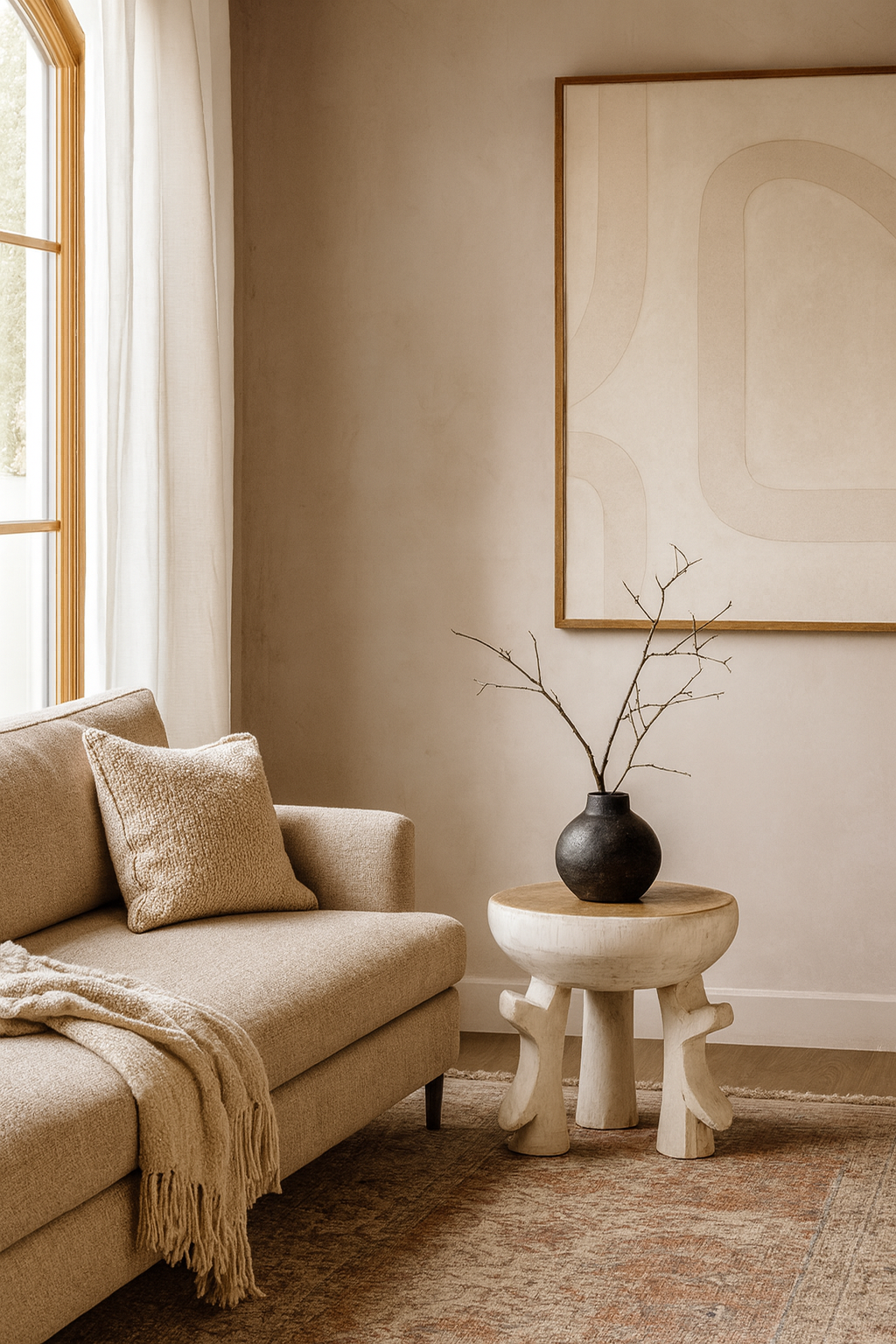 Beige living room with a sofa, side table, and abstract art on the wall.