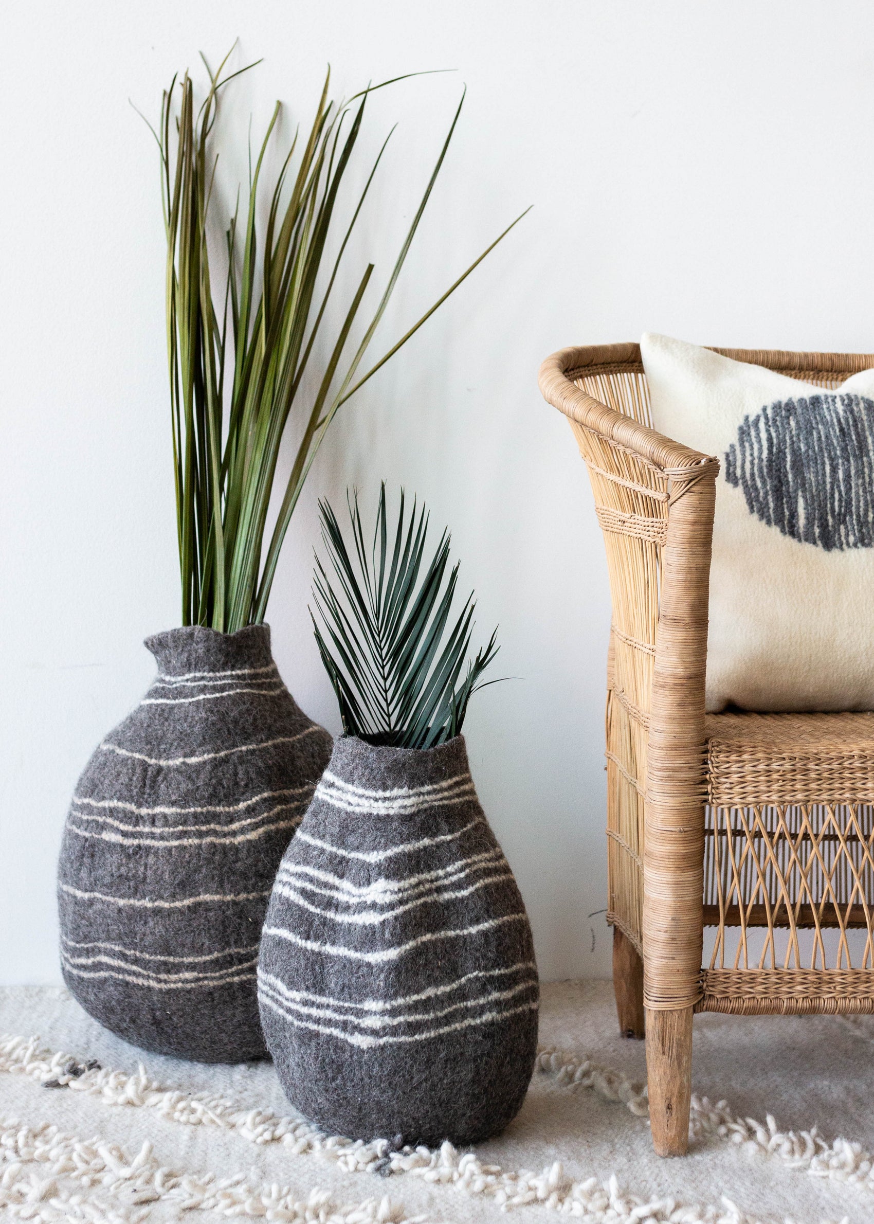 Tribal Lines Grey Hand-Felted Wool Gourd Basket