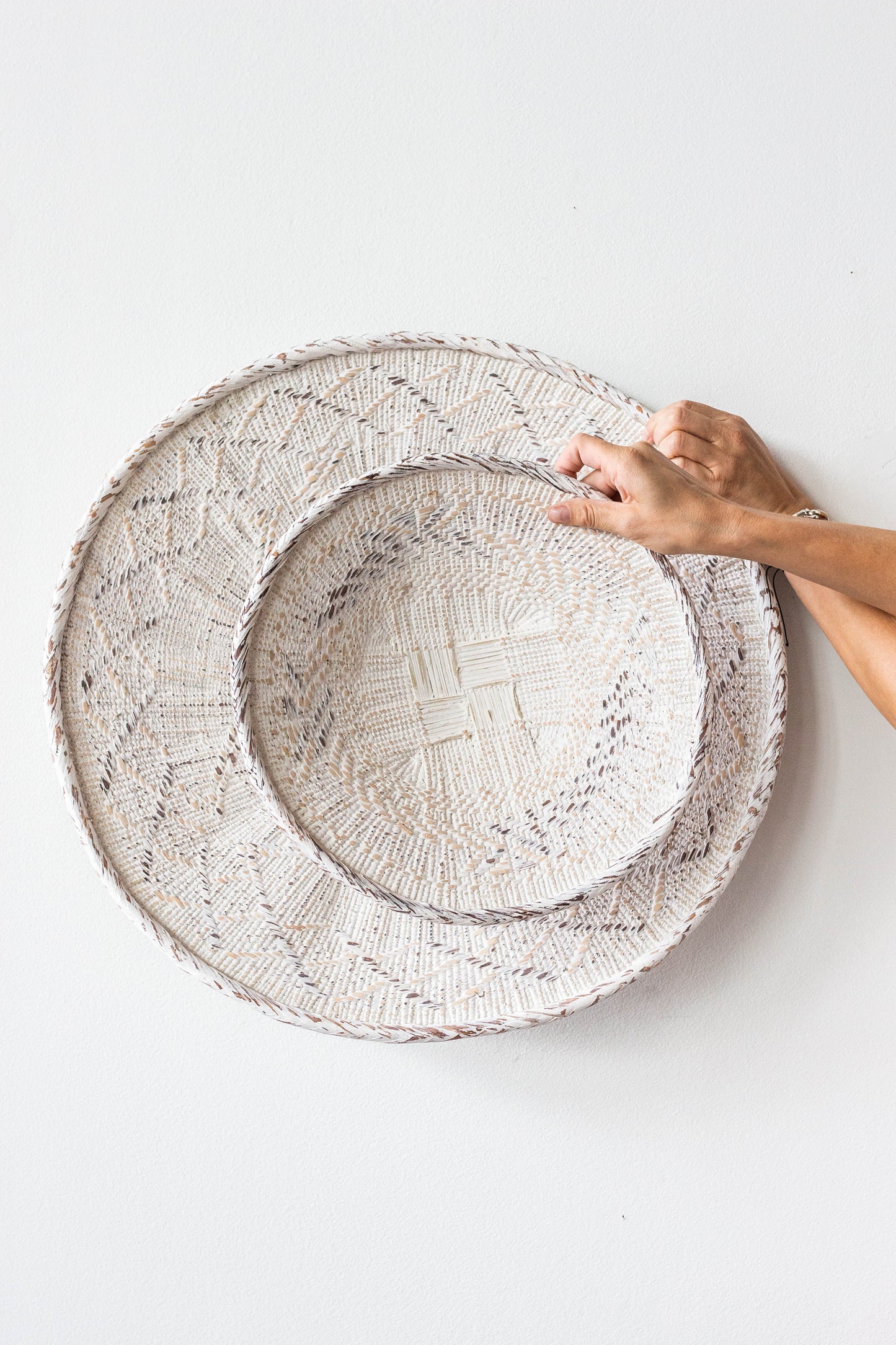 African Modern Boho Wall Basket Art: Statement White Washed Wall Basket