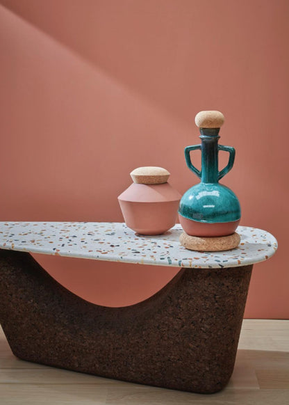 kanju interiors Wiid Design African Cork and terrazzo narrow table, console table or slim coffee table in a dark shade of cork, combining contemporary elegance with eco-friendly materials. Offering a stylish and sustainable choice for modern interiors seeking a splash of color and minimalist design.