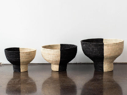 Modern Boho Handwoven Black and Natural Pedestal Basket