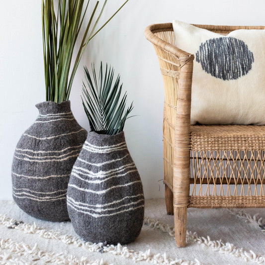 Modern Wool Tribal Lines Charcoal and Ivory Gourd Basket