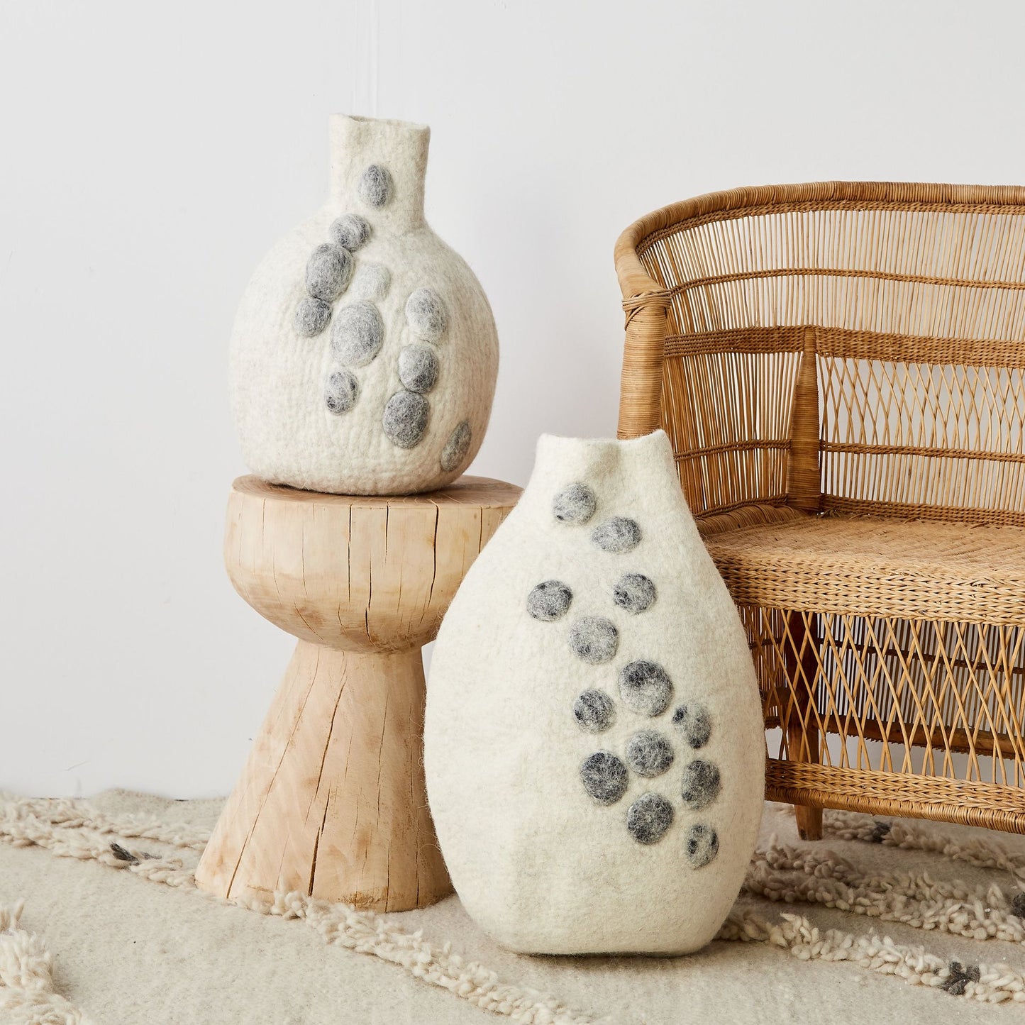 White Hand-Felted Pebble Gourd Basket set of 2