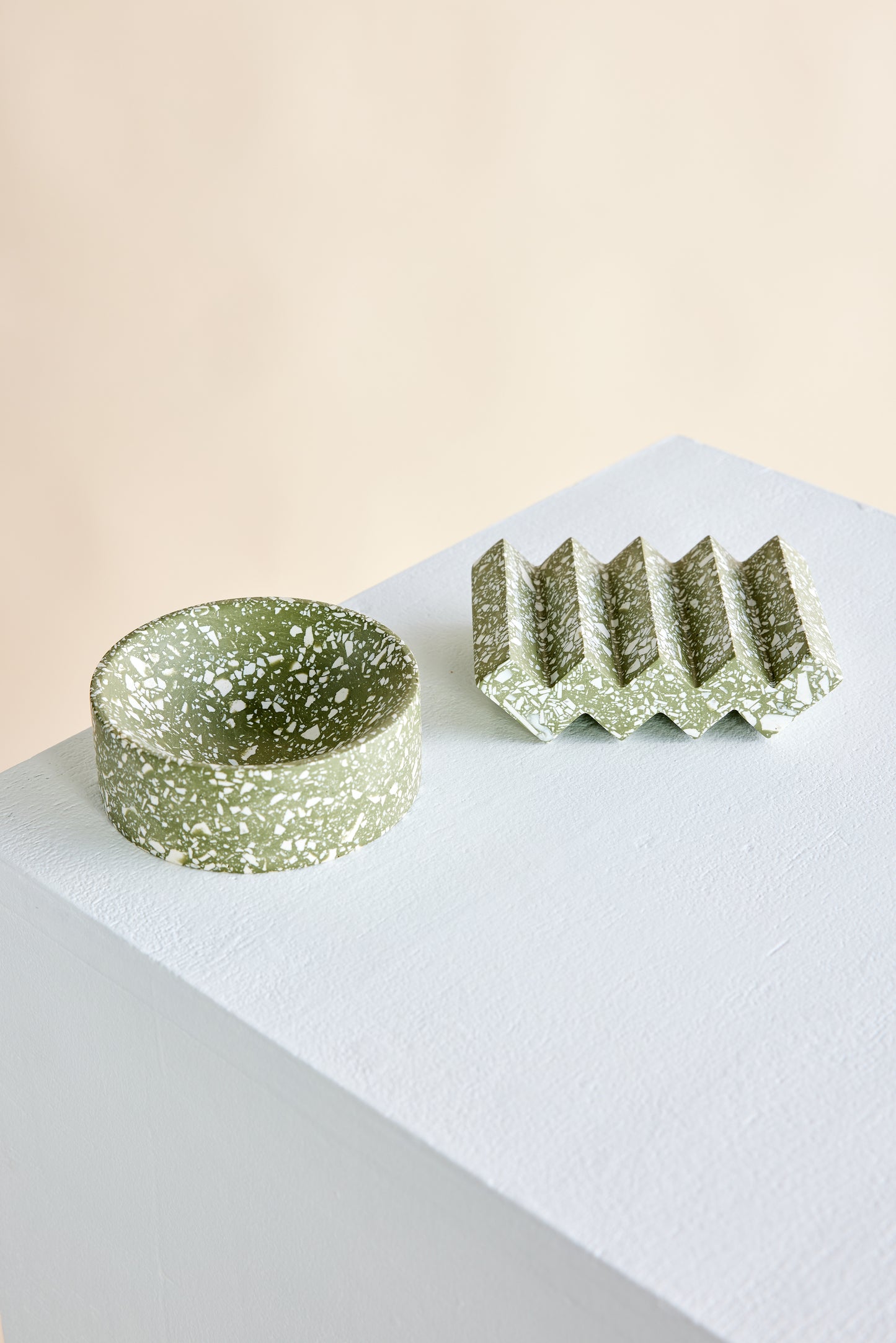 Olive Green Terrazzo Zig-Zag Soap Dish & Trinket Bowl Bundle