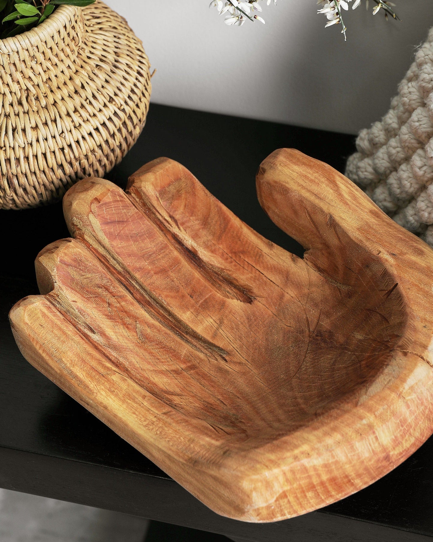 Wooden Hand Carved cupped hand bowl