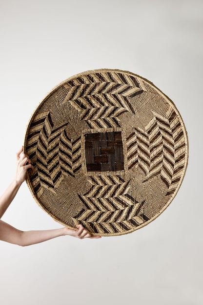 African Modern Boho Woven Wall Art Basket: Statement Zambian Plateau Basket
