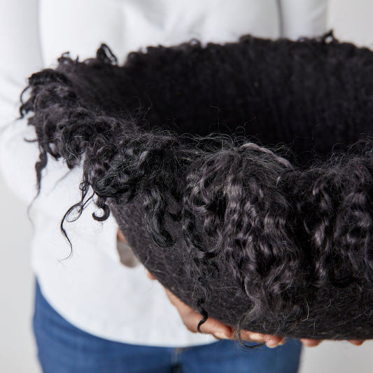 Fringed Skirt Black Decorative Karakul Wool & Mohair Bowl – Discoloration Spots