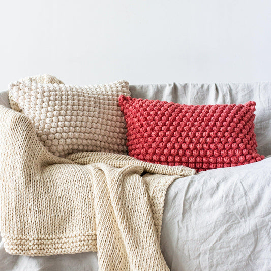 Modern Boho Wool Textured Throw Pillow: Bobble Pillow Red & White