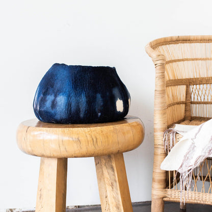 Modern Wool Vase: Blue & Black Ghana Adire Basket