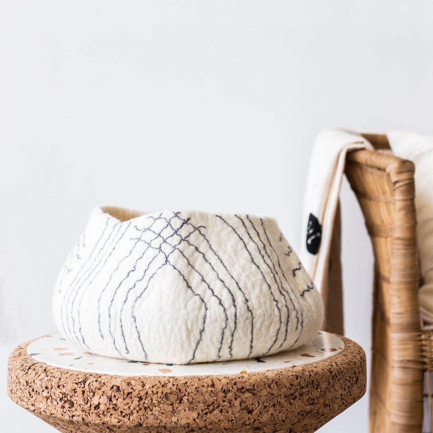 Modern Boho Wool Woven Basket: White Ghana Linear Basket