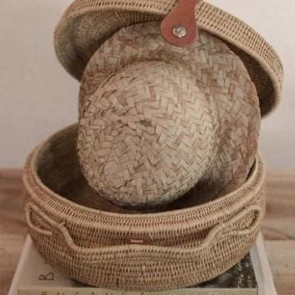 hand-knitted picnic basket with hat
