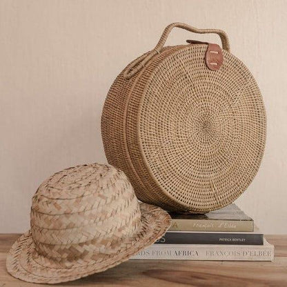Handwoven Wicker Picnic Basket with Lid and hat  