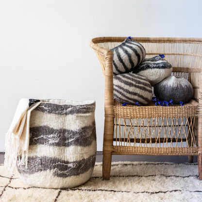 African Modern Boho Basket: Wool Charcoal and Ivory Boho Ingobozi Storage Basket