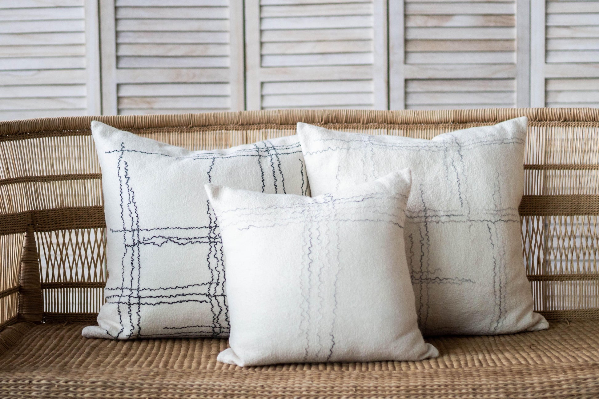 White Square Handcrafted Linear Throw Pillow set of 3